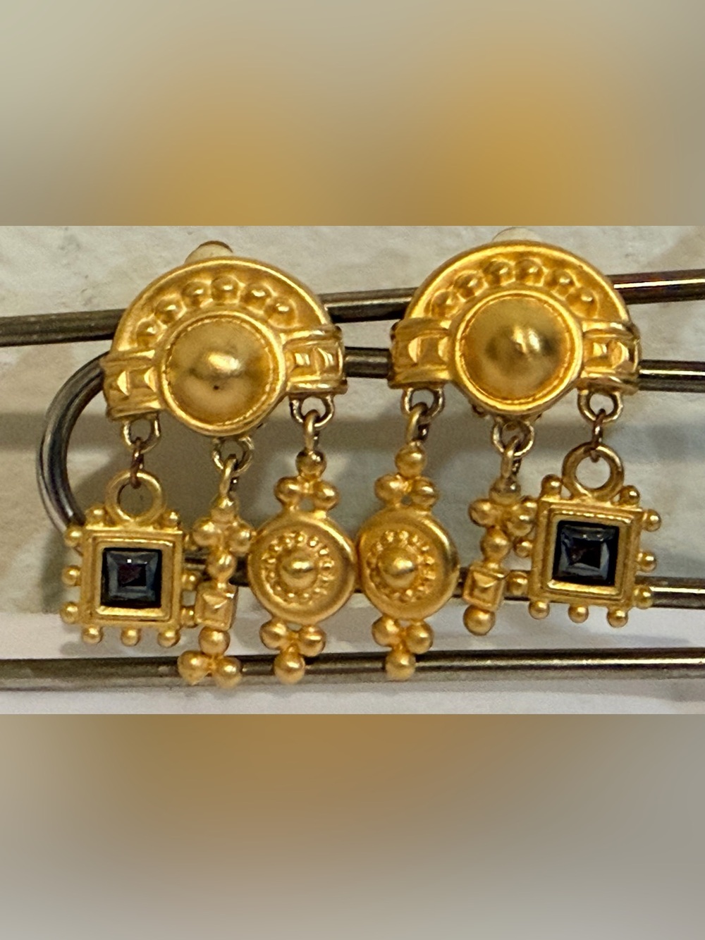Vintage Givenchy signed Gold-Tone Dangle clip on Earrings w/ Black Square Stone